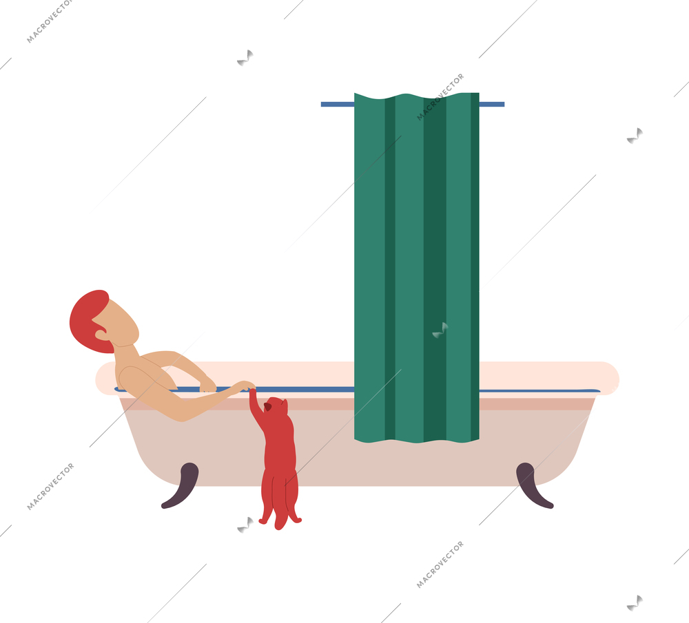 People with cats flat composition with isolated view of bathing man with cat near bathtub vector illustration