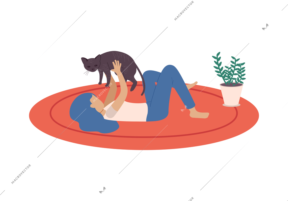 People with cats flat composition with isolated view of lying woman with cat in arms vector illustration