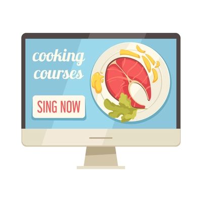 Cooking school courses composition with image of desktop computer with online service sign button vector illustration