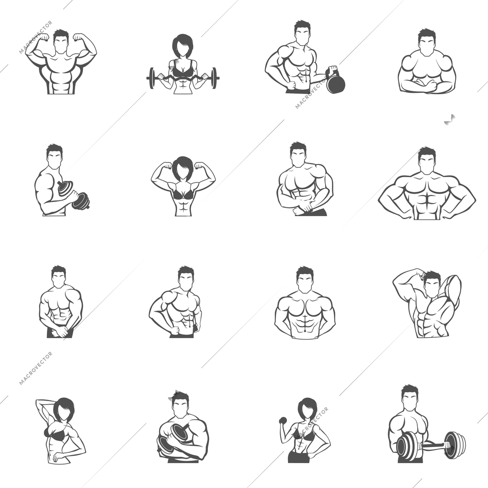 Bodybuilding fitness gym icons black set with male and female athletes silhouettes isolated vector illustration