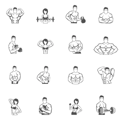 Bodybuilding fitness gym icons black set with male and female athletes silhouettes isolated vector illustration