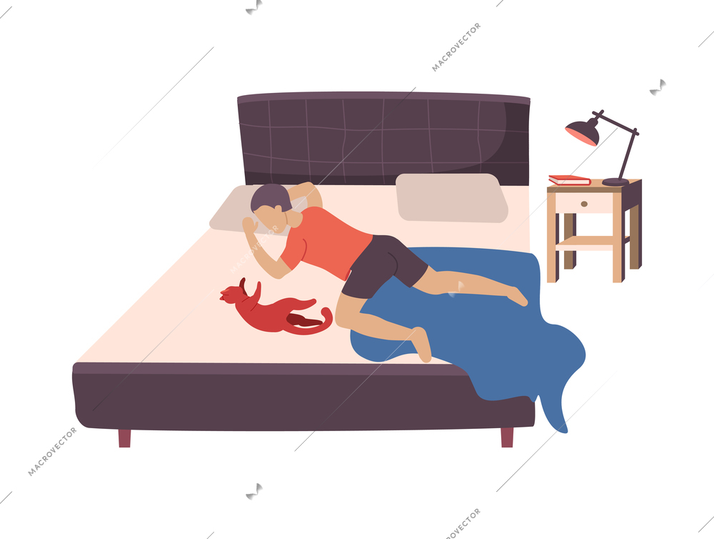 People with cats flat composition with isolated view of sleeping man with cat on bed vector illustration