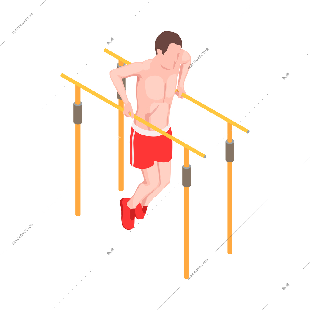 Workout isometric people composition with character of male athlete performing pull ups on parallel bars vector illustration