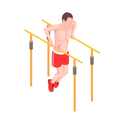 Workout isometric people composition with character of male athlete performing pull ups on parallel bars vector illustration