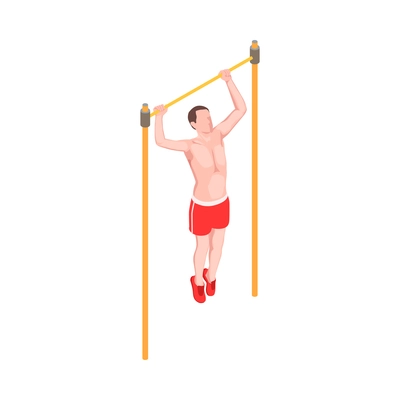 Workout isometric people composition with character of male athlete hanging on horizontal bar vector illustration