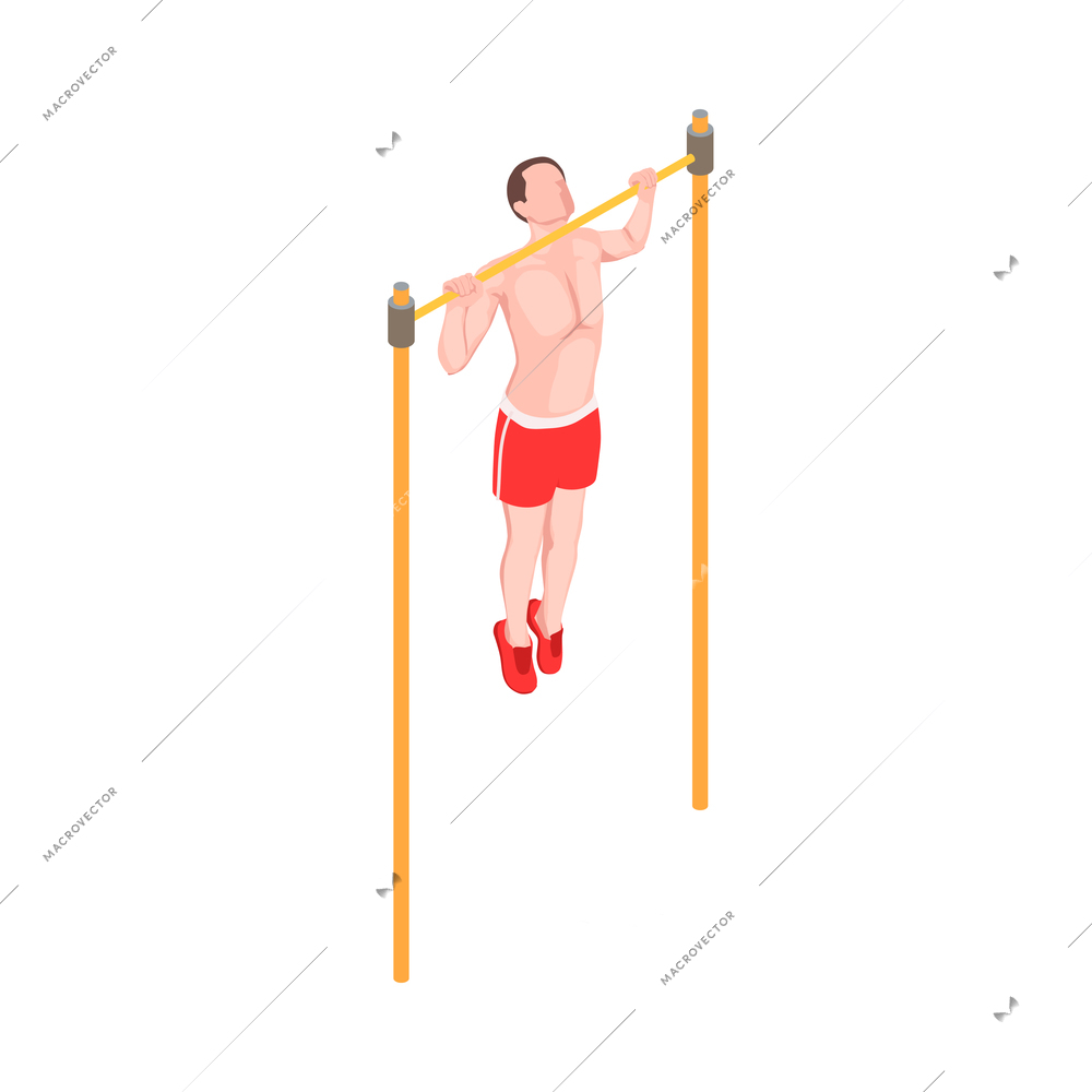 Workout isometric people composition with character of male athlete performing pull ups on horizontal bar vector illustration