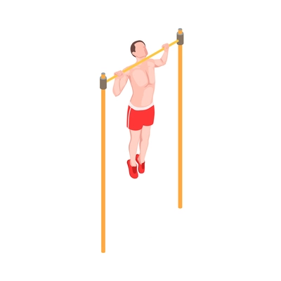 Workout isometric people composition with character of male athlete performing pull ups on horizontal bar vector illustration