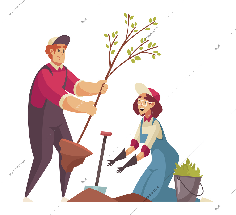 Gardener composition with doodle characters of male and female gardeners planting young tree vector illustration