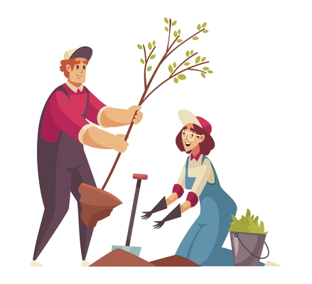 Gardener composition with doodle characters of male and female gardeners planting young tree vector illustration