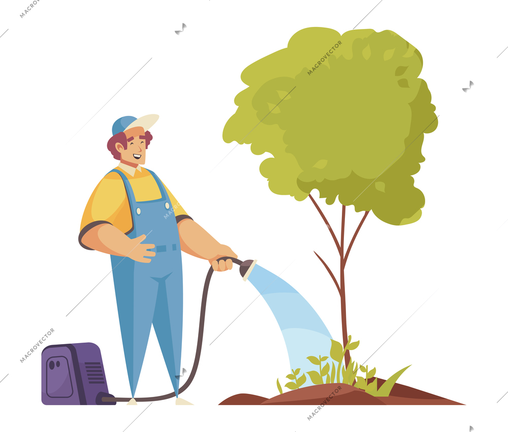 Gardener composition with doodle character of male gardener watering tree with water hose vector illustration
