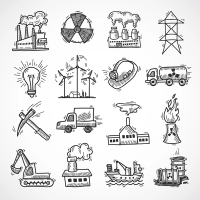 Industrial sketch icon set with oil fuel electricity and energy industry symbols isolated vector illustration