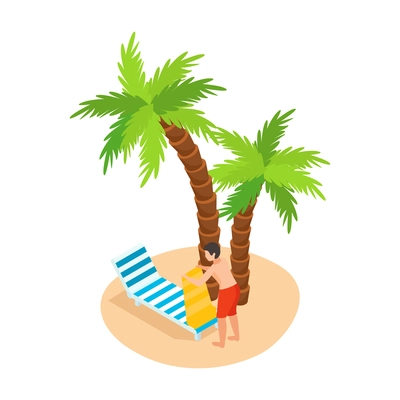 Sea cruise isometric composition with beach scenery palm trees and lounge chair with human character vector illustration