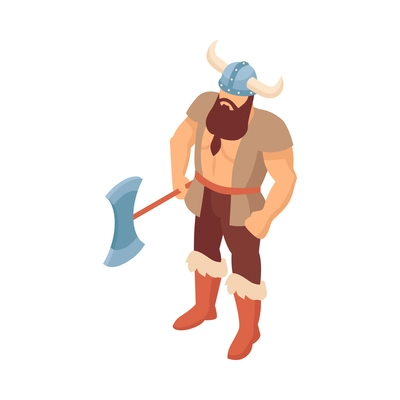 Isometric viking composition with isolated character of bearded man in helmet holding axe vector illustration