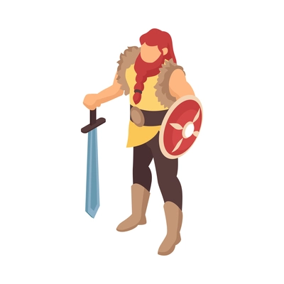 Isometric viking composition with isolated character of bearded man in helmet holding sword vector illustration