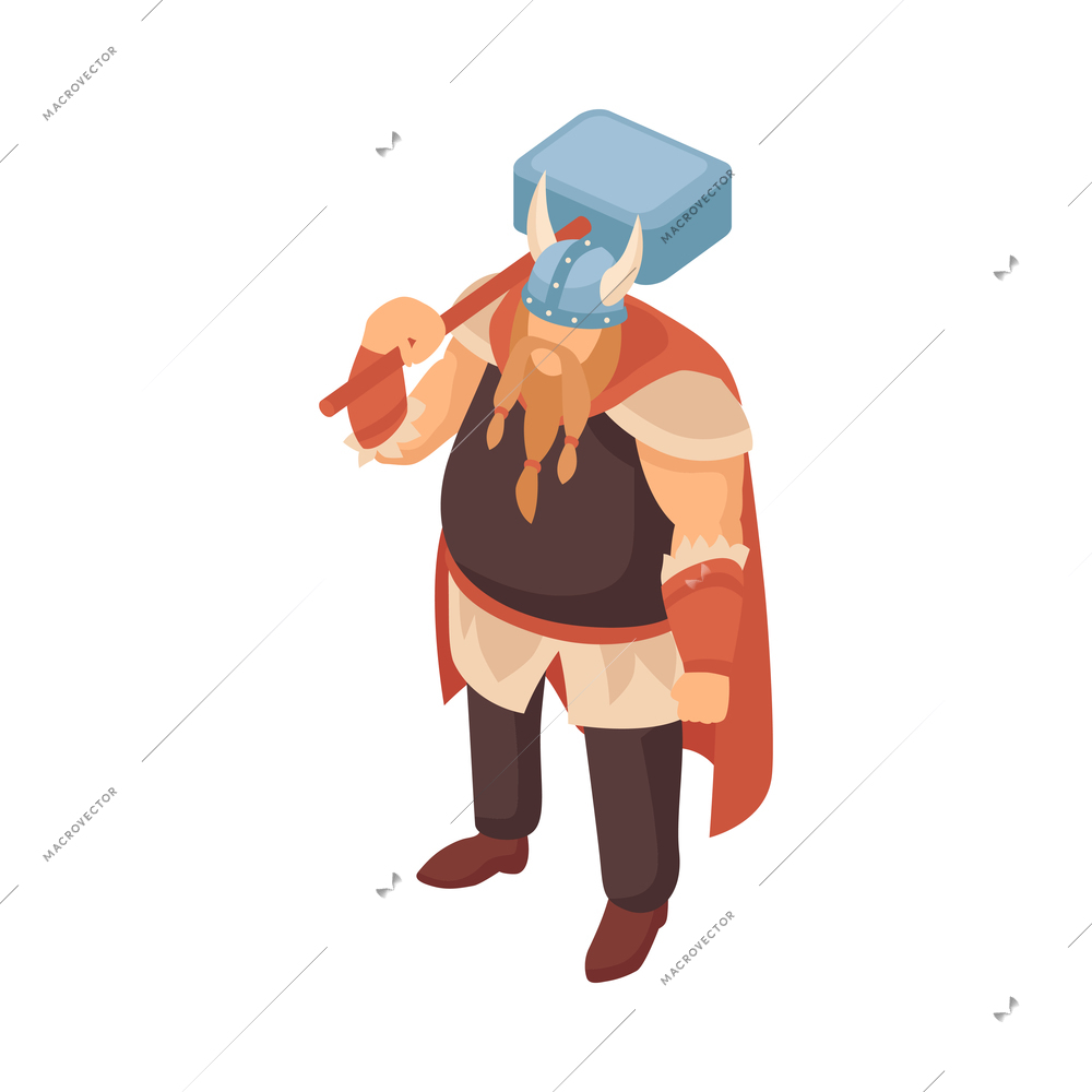 Isometric viking composition with isolated character of bearded man in helmet holding hammer vector illustration