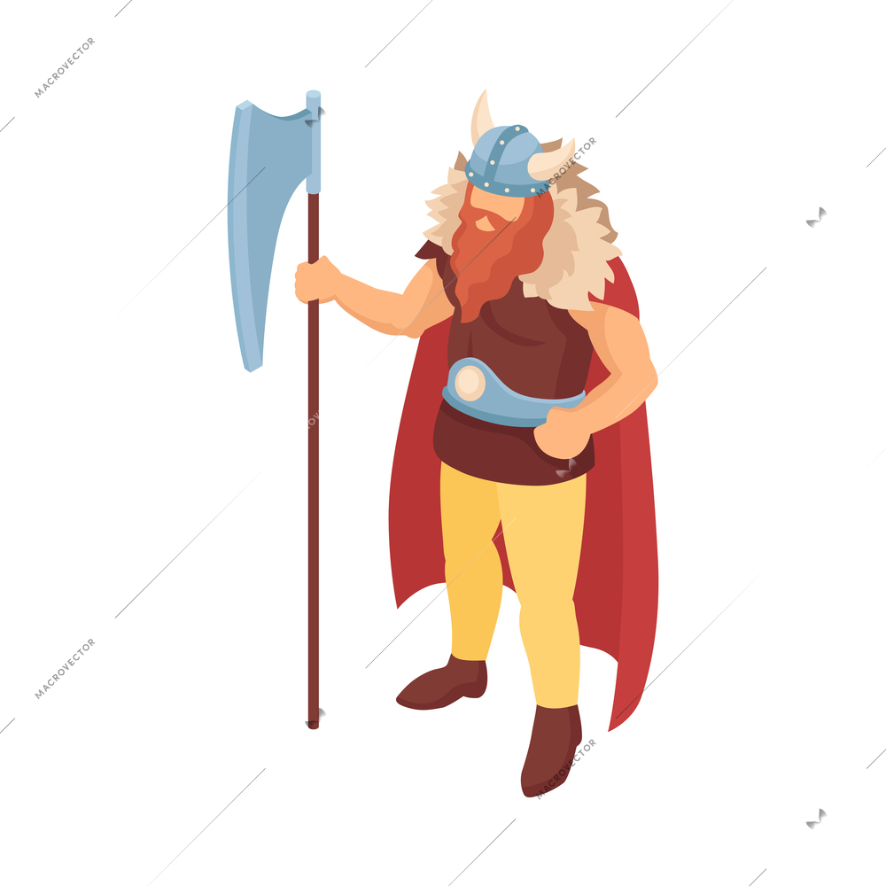 Isometric viking composition with isolated character of bearded man in helmet holding battle axe vector illustration