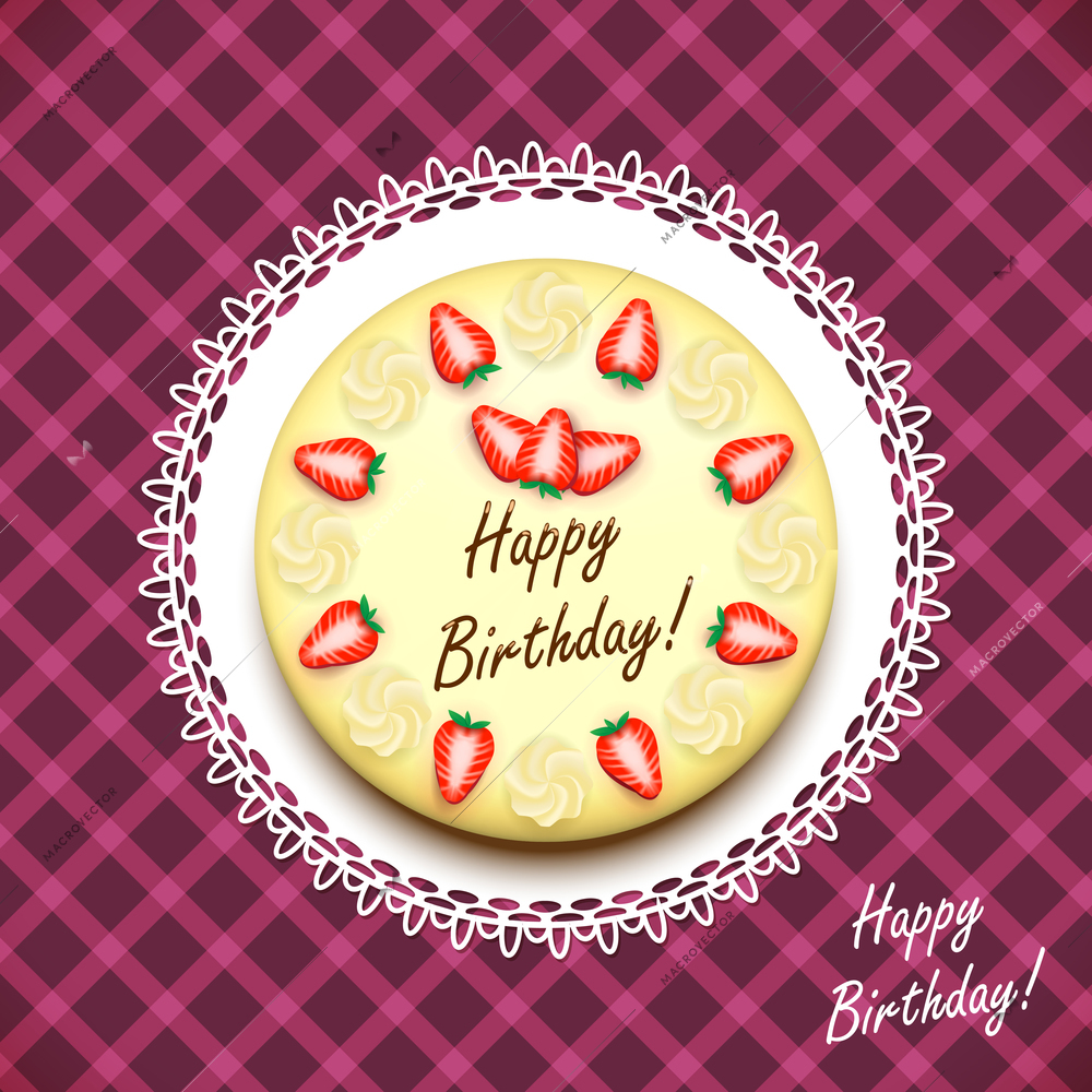 Cream birthday cake decorated with strawberries on tablecloth vector illustration