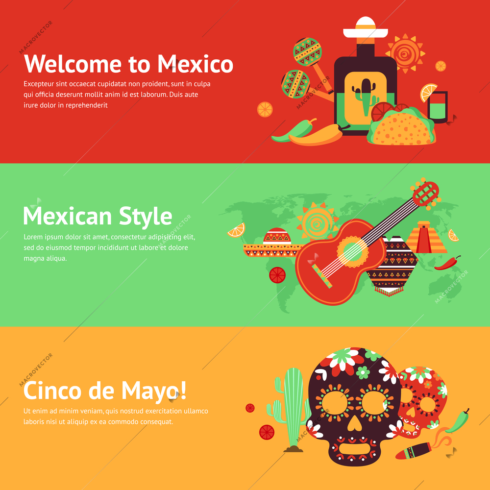 Mexico style travel music and food symbols banner set isolated vector illustration