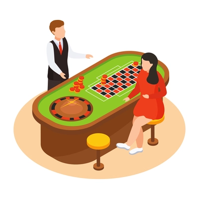 Sea cruise isometric composition with view of casino table with roulette dealer and female player vector illustration