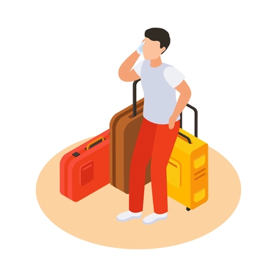 Sea cruise isometric composition with human character of waiting passenger with three suitcases vector illustration