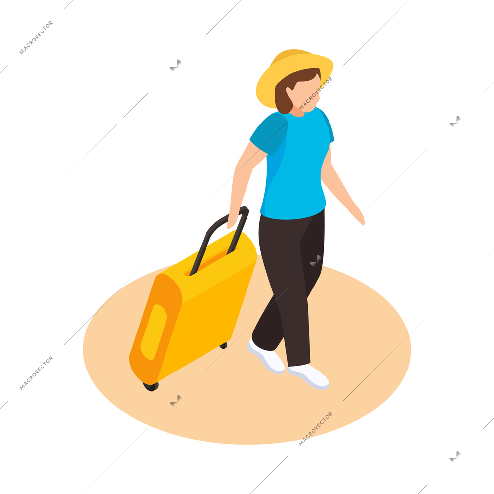 Sea cruise isometric composition with female character of walking passenger in hat carrying suitcase vector illustration