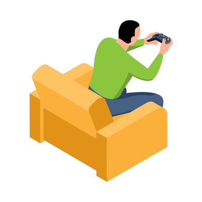 Isometric video game composition with male character holding gamepad sitting in armchair vector illustration