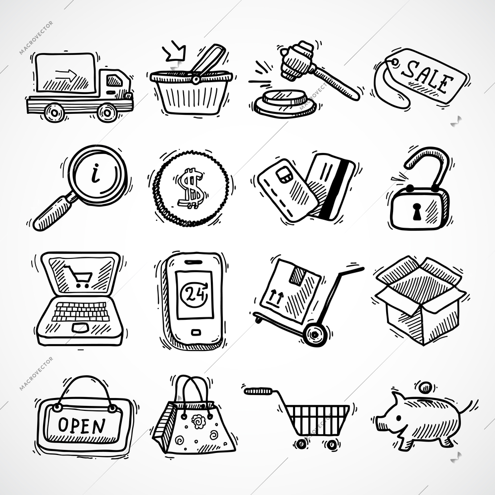 E-commerce shopping icons sketch set of delivery truck credit card piggy bank isolated vector illustration