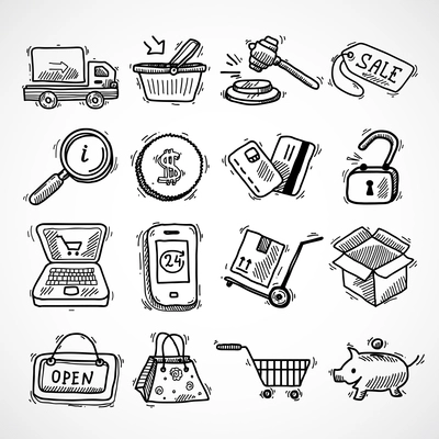 E-commerce shopping icons sketch set of delivery truck credit card piggy bank isolated vector illustration