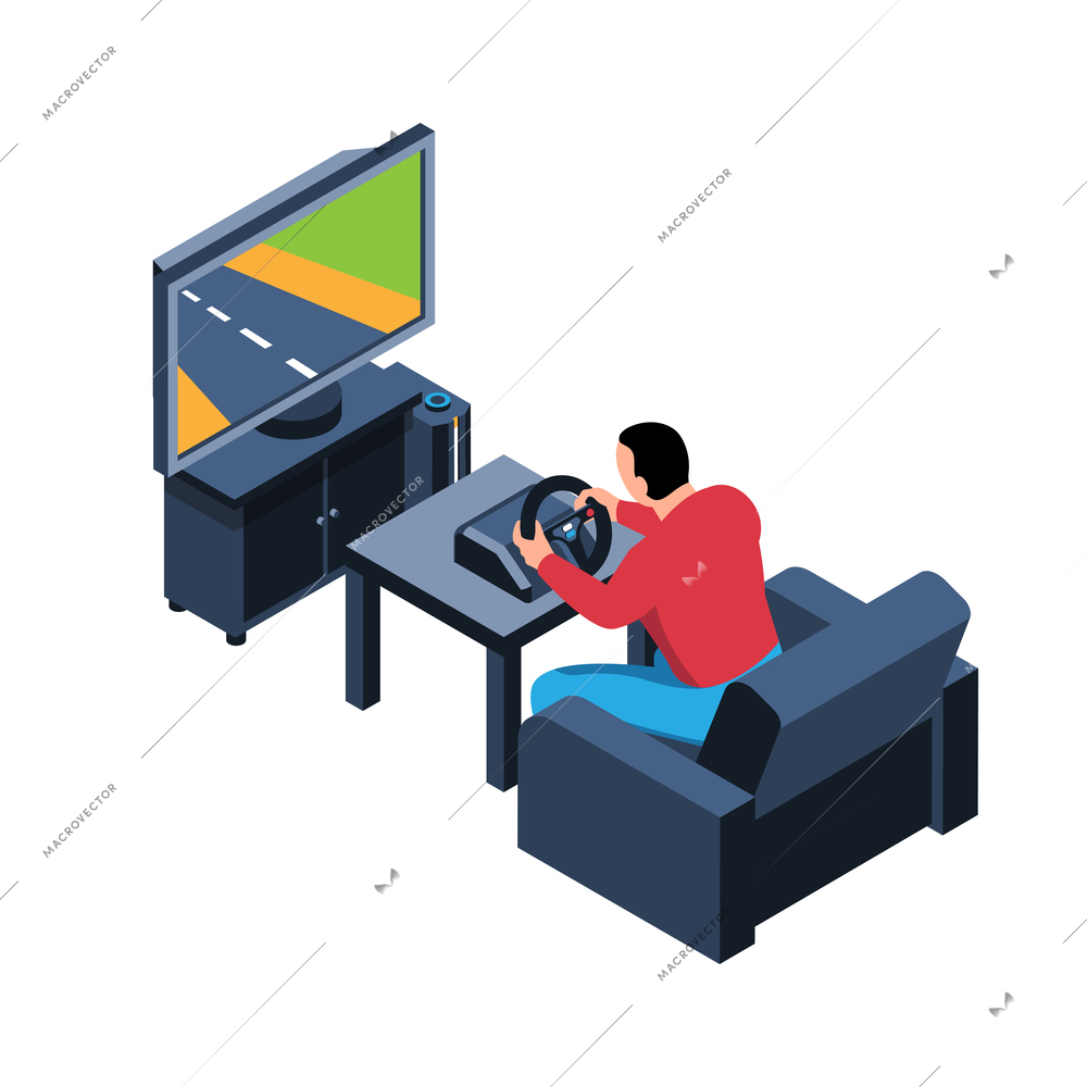 Isometric video game composition with man playing racing simulator with steering wheel controller vector illustration
