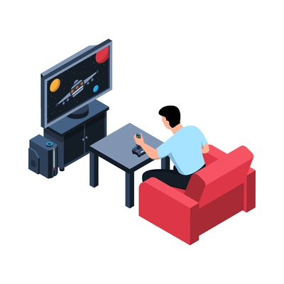 Isometric video game composition with male player tv set with gaming console and joystick vector illustration