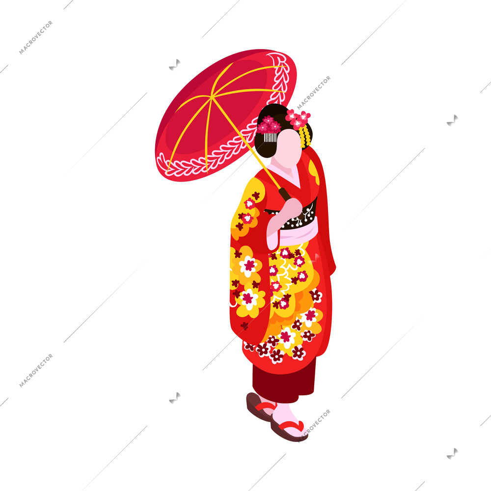 Isometric japan travel tourism composition with isolated female character wearing traditional costume vector illustration