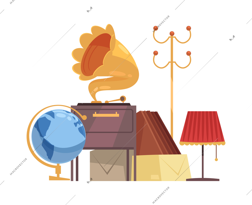 Garage sale items composition with images of second hand vintage stuff to be sold vector illustration