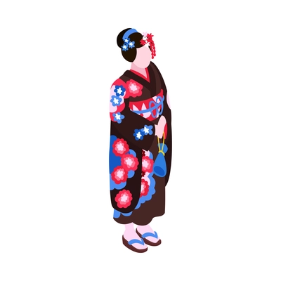 Isometric japan travel tourism composition with isolated female character wearing traditional costume vector illustration