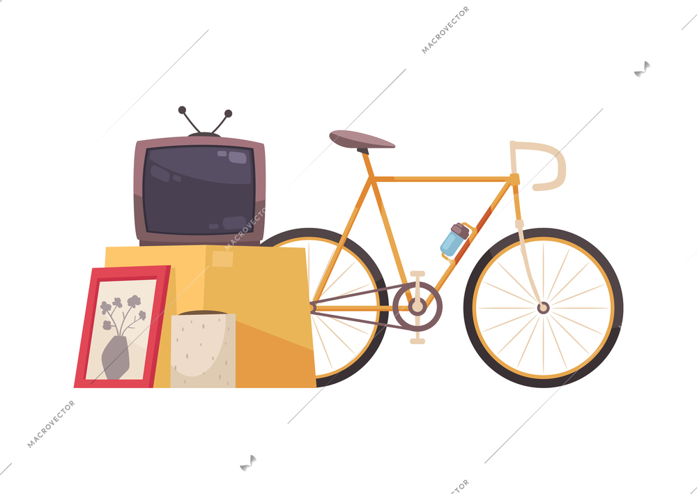 Garage sale items composition with images of second hand tv bike and wall picture to be sold vector illustration