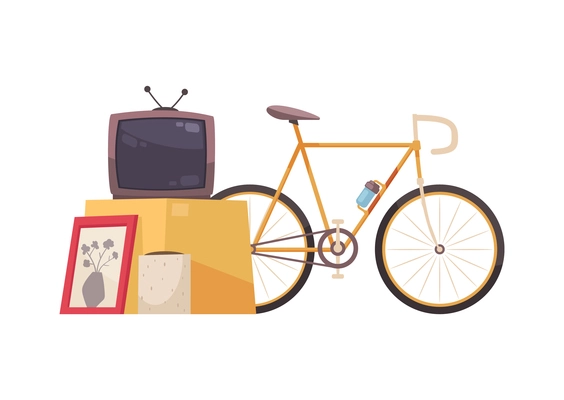 Garage sale items composition with images of second hand tv bike and wall picture to be sold vector illustration