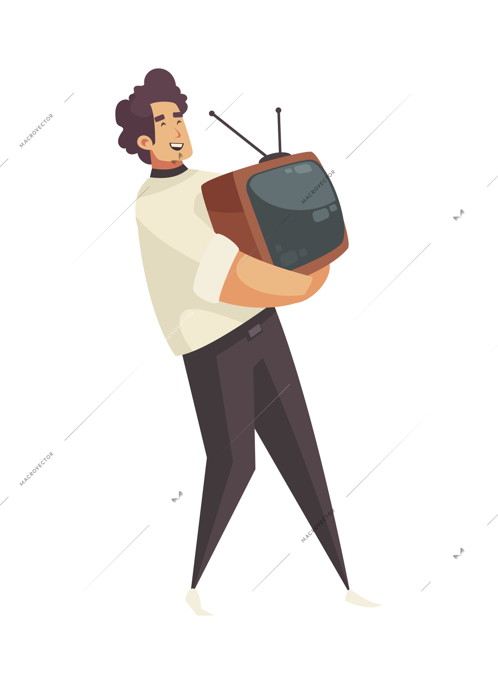 Garage sale items composition with doodle character of man carrying old tv vector illustration