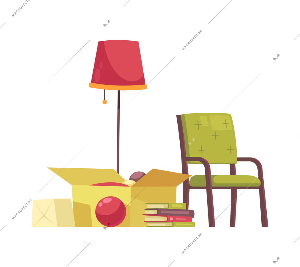 Garage sale items composition with images of second hand books toys lamp and chair to be sold vector illustration