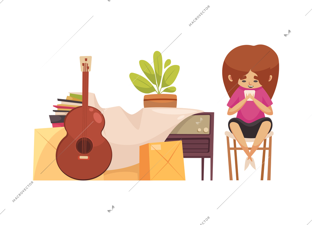 Garage sale items composition with images of second hand stuff to be sold by child character vector illustration