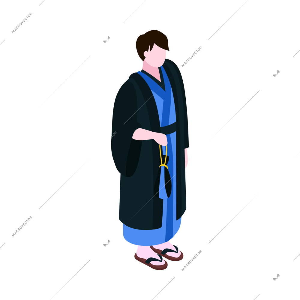 Isometric japan travel tourism composition with isolated male character wearing traditional costume vector illustration