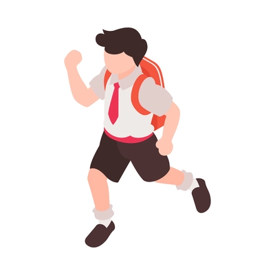 Isometric junior school composition with character of running schoolboy with backpack vector illustration