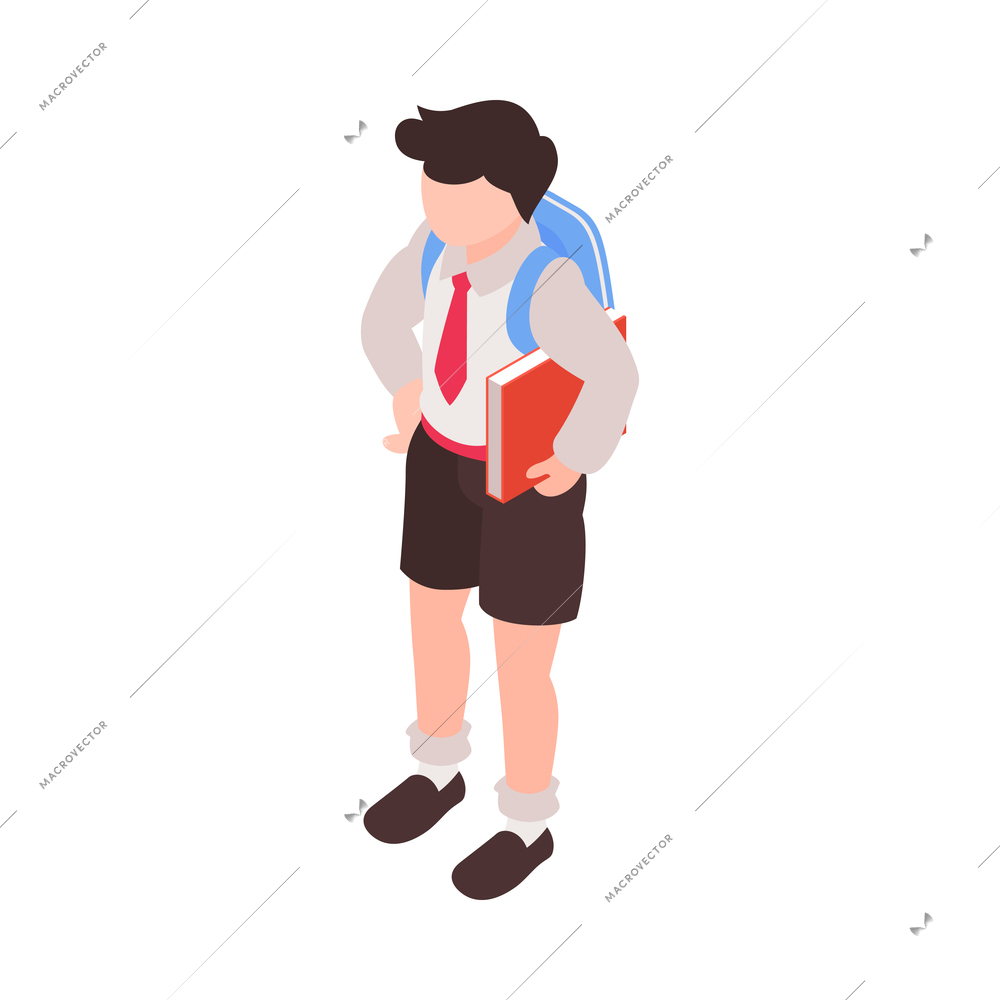 Isometric junior school composition with character of schoolboy holding book vector illustration