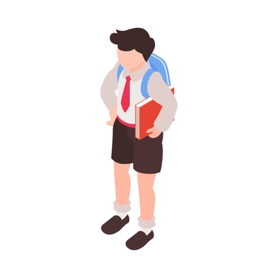 Isometric junior school composition with character of schoolboy holding book vector illustration