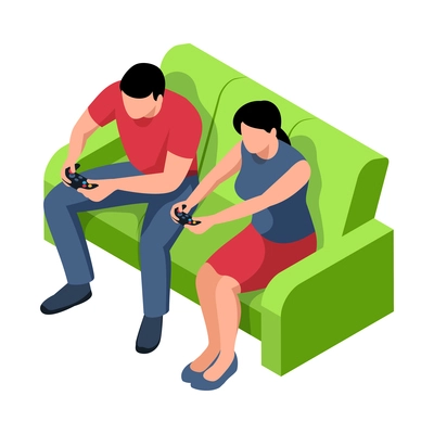 Isometric video game composition with characters of man and woman sitting on sofa holding gamepads vector illustration