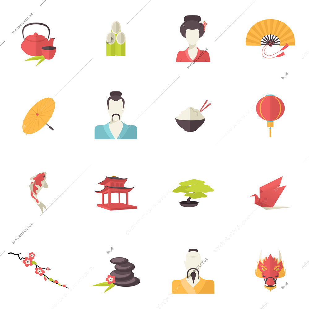 Japan icons flat set with sushi sakura tea geisha isolated vector illustration