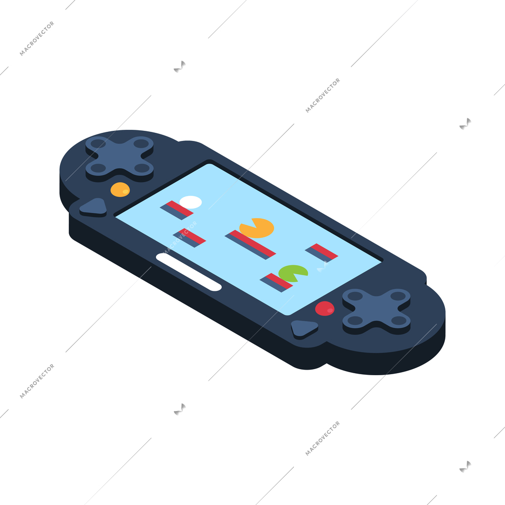 Isometric video game composition with isolated image of portable gaming console with screen vector illustration