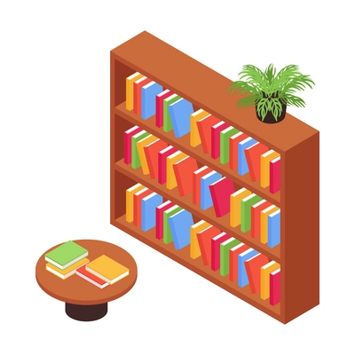 Isometric junior school composition with isolated images of book cabinet and small table vector illustration