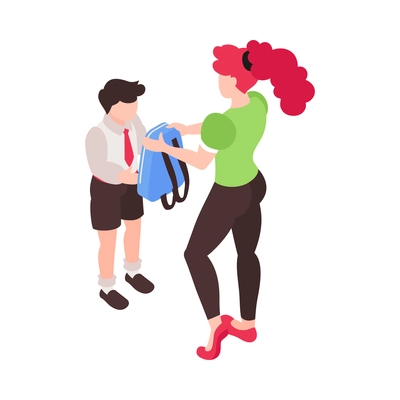 Isometric junior school composition with characters of mother giving backpack to schoolboy son vector illustration