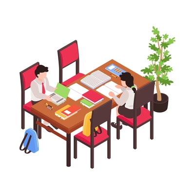Isometric junior school composition with characters of schoolchildren sitting at common table vector illustration