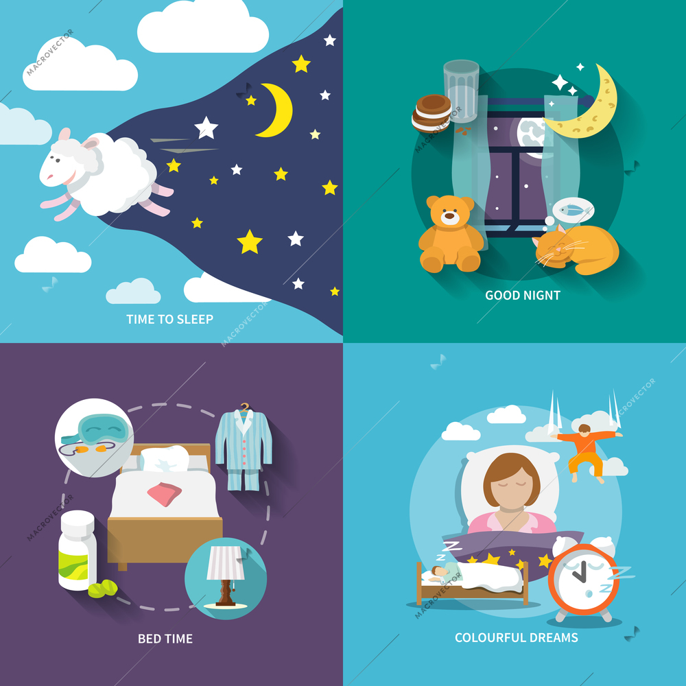 Sleep time icons flat set with good night bed colourful dreams isolated vector illustration