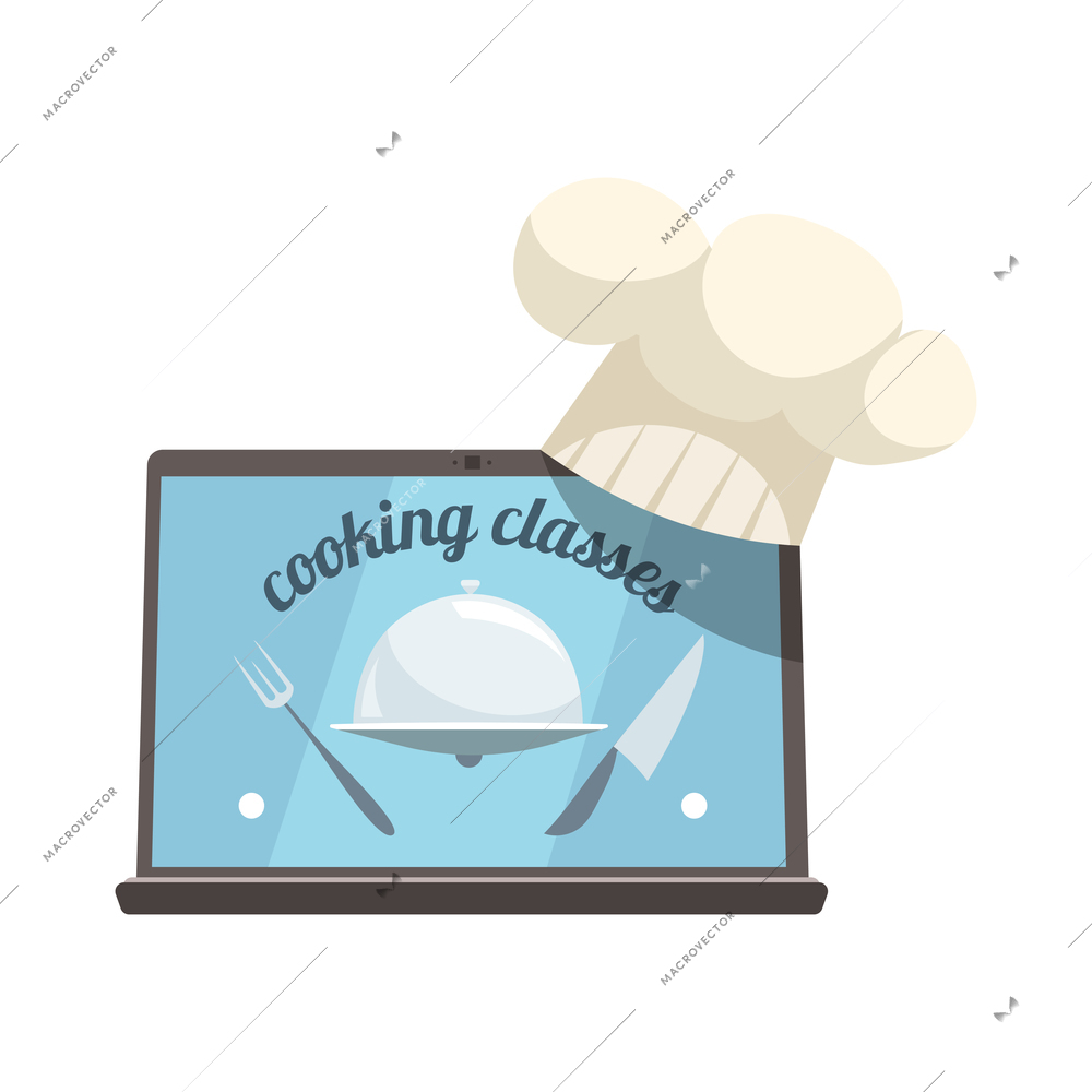 Cooking school courses composition with image of laptop with emblem and cooks hat vector illustration